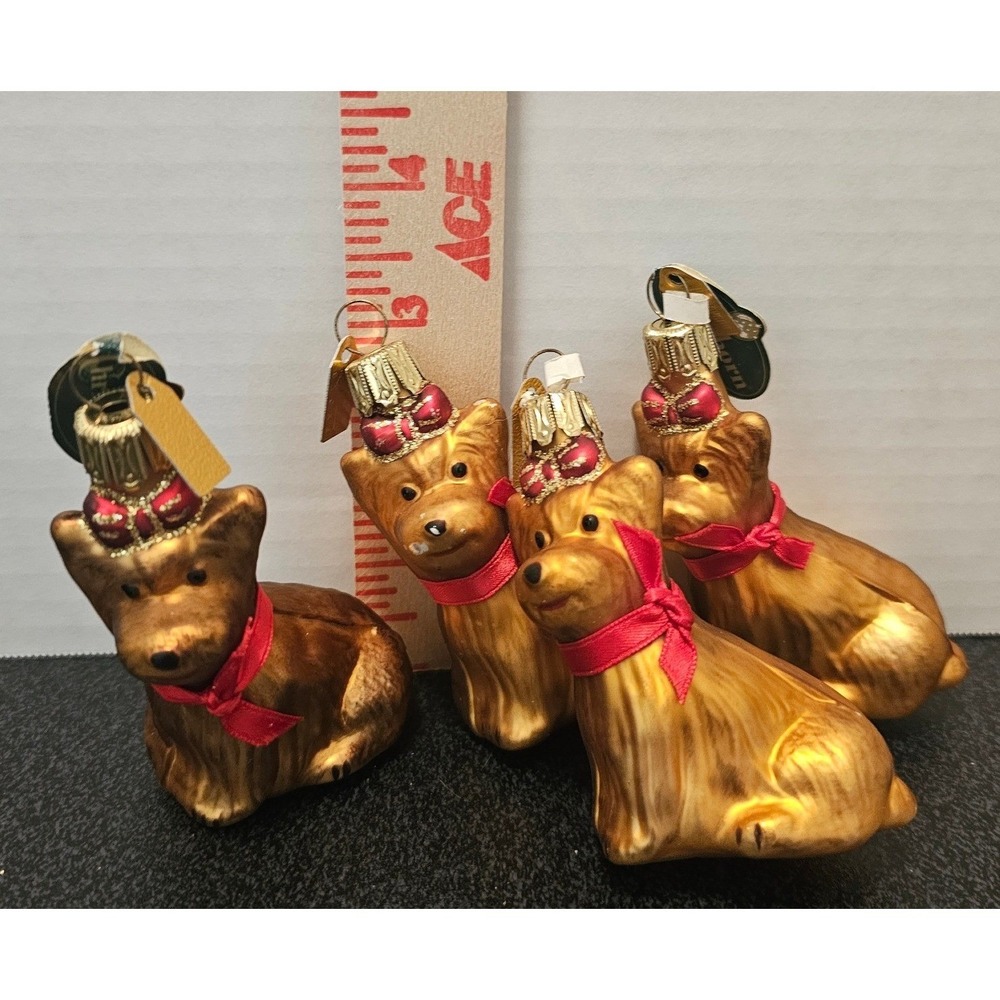 Christborn Germany Glass Yorkie Dog Christmas Ornaments Set of 4 Gold Brown